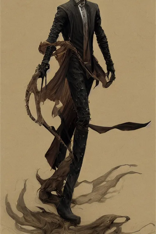 Prompt: skinny male sorcerer, long dark hair, 1 9 2 0 s fashion, elegant, highly detailed, intricate, smooth, sharp focus, artstation, digital paining, concept art, art by donato giancola, cedric peyravernay, marc simonetti, valentina remenar, craig mullins