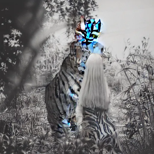 Image similar to woman from rising silent posing with a tiger in a garden, 1 9 2 0 s photography, trending on unsplash, black and white photography, intricately defined, complexly detailed, 4 k photorealism, golden ratio!!!!!, centered!!!!!