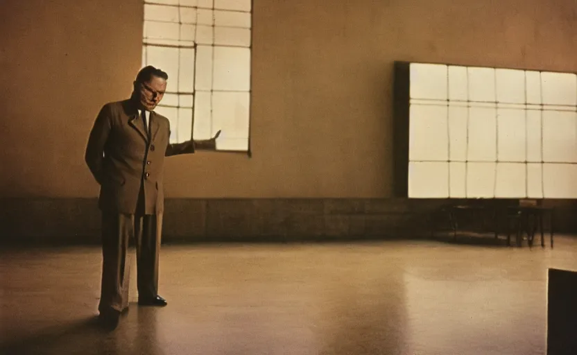 Prompt: 60s movie still portrait of Josip Broz Tito in a giant hall, by annie leibovitz , Cinestill 800t 18mm, heavy grainy picture, very detailed, high quality, 4k, HD criterion, dramatic lightning