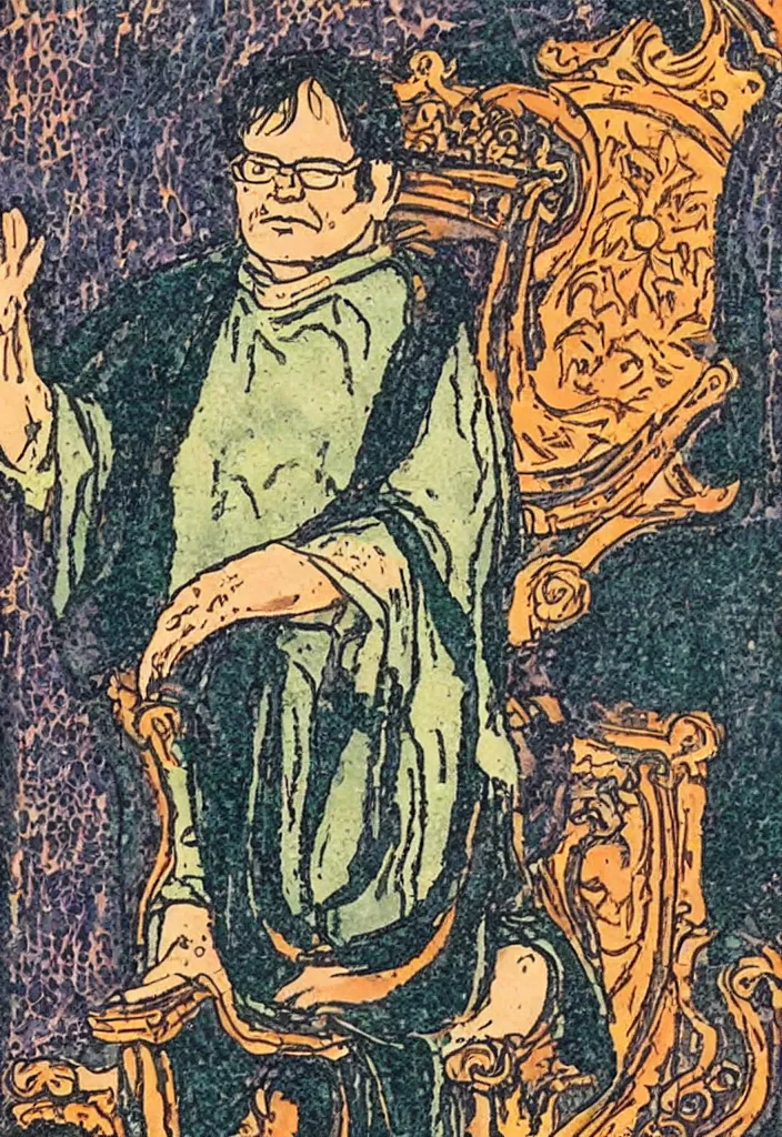 Image similar to Yann LeCun sitting on the throne on a tarot card, illustrated on the Rider–Waite tarot.