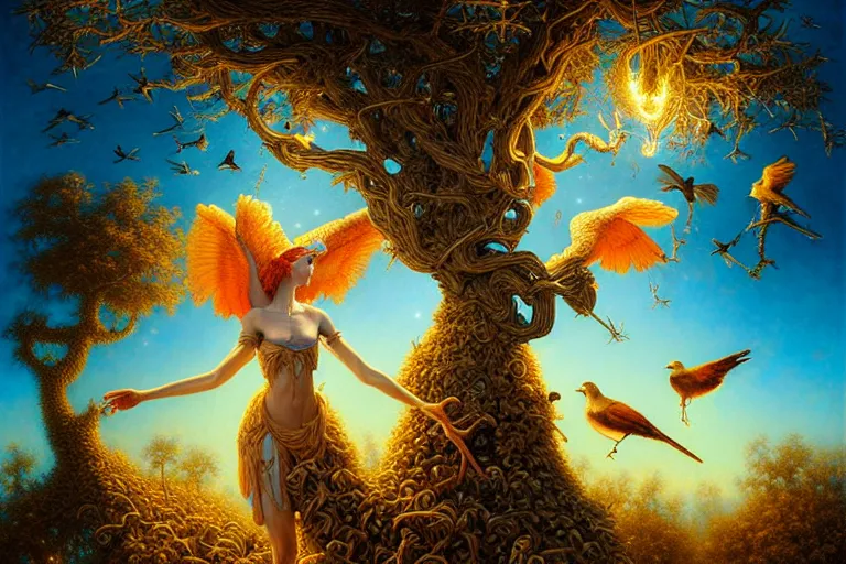 Image similar to oil painting, female playing the harph while birds are listening on the tree surreal, ultra realistic, wide angle, intricate details, artifacts, luminous skies, highly detailed, michael cheval, peter mohrbacher, boris vallejo, jessica rossier, oil painting, highly detailed, cinematic lighting