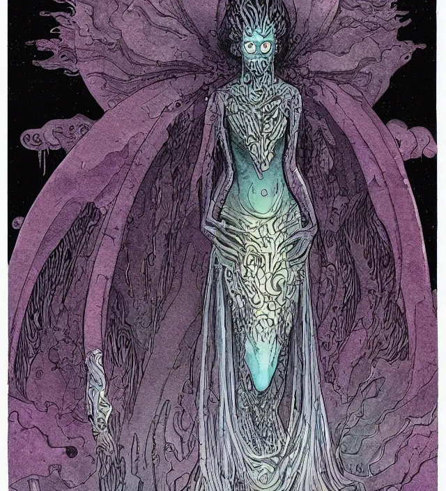 Prompt: a watercolor ink painting of the primordial eldritch goddess of fear hiding in new york in the style of jean giraud in the style of moebius trending on artstation deviantart pinterest detailed realistic hd 8 k high resolution