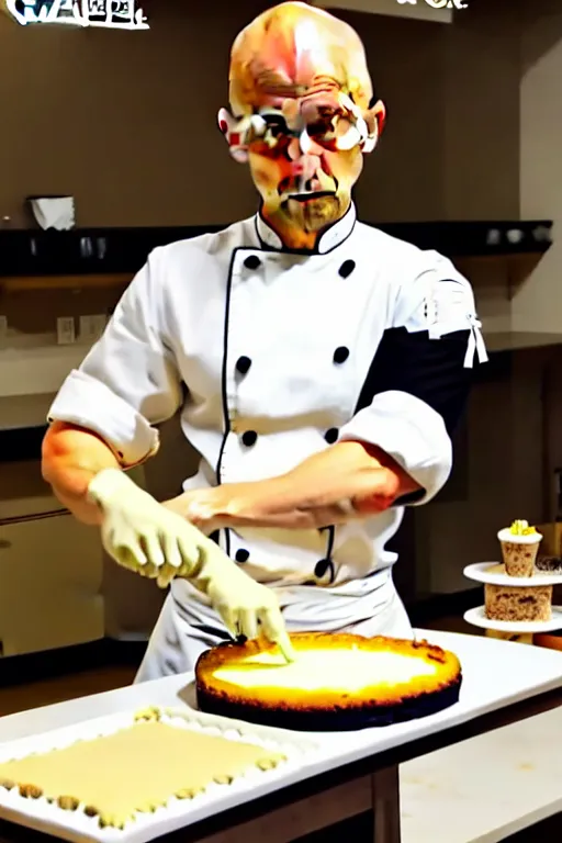 Image similar to chef saitama one punch man, dressed as a pastry chef, focused at making a cake, beautiful anime artwork