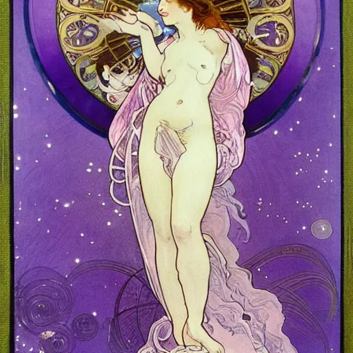 Image similar to heavenly goddess full body statue with sleepy face and beautiful closed eyes and open lips and 2 arms open and 2 legs bending and a curved body wearing torn silk cloth, laying on her back among purple clouds and nebula and starry galaxy dust, splashes into the fabric of the universe, art nouveau by alphonse mucha, black marble, violet gold beige, saturated colors, intricate face detail