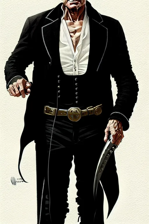 Image similar to ed harris as the man in black, westworld, wearing an all white outfit in the style of art by artgerm and greg rutkowski and alphonse mucha