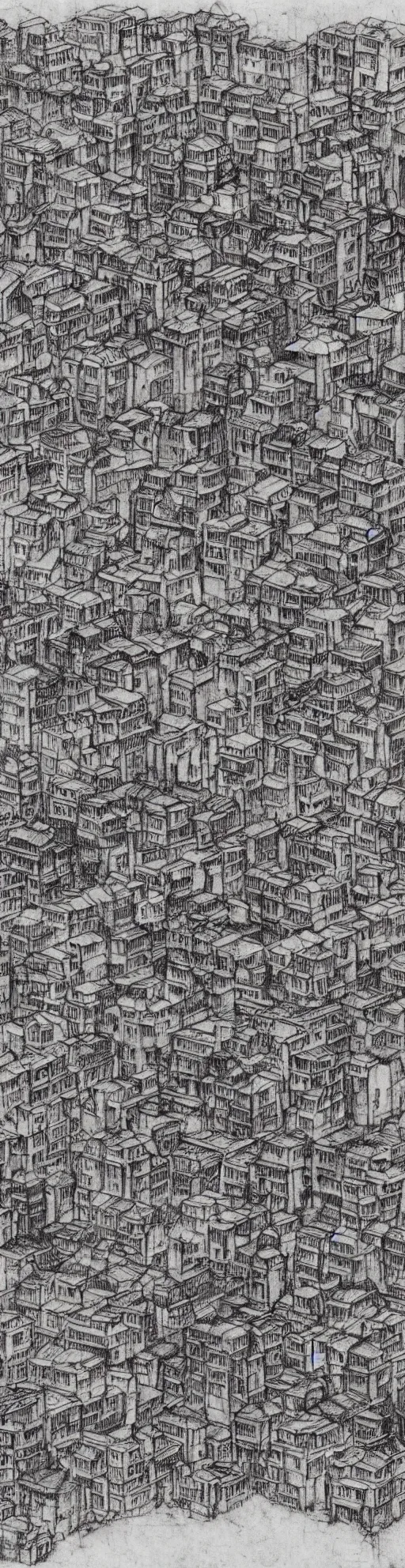 Prompt: sketches of kowloon walled city drawn by leonardo davinci on coffeestained paper, highly detailed, clean lines,