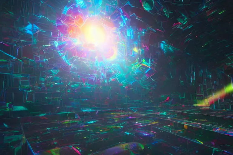 Prompt: breaking through the dimensional barrier of our universe, chromatic colors, hyperrealistic, octane render, dynamic lighting, intricate detail