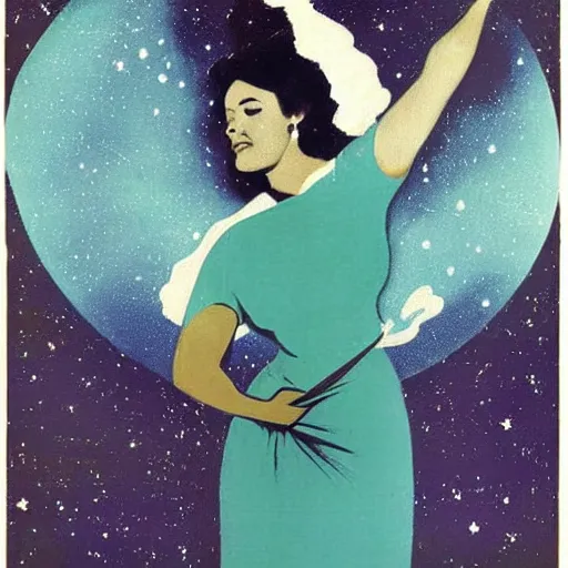 Prompt: navajo green distorted by arturo souto, by kees scherer. a conceptual art of a woman with wings made of stars, surrounded by a blue & white night sky. the woman is holding a staff in one hand, & a star in the other. she is wearing a billowing dress, & her hair is blowing in the wind.