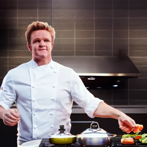 Image similar to unreal engine 5 photorealistic Gordon Ramsey cooking a unicorn in a pot in a intricate kitchen 4k