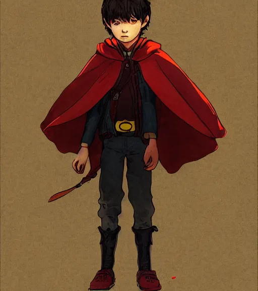 Image similar to attractive little boy character inspired in little red riding hood and batman, digital artwork made by akihiko yoshida and makoto shinkai, anatomically correct, symmetrical