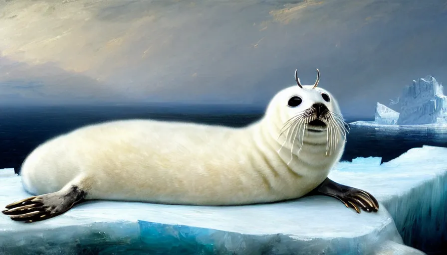 Image similar to highly detailed painting of cute furry white baby seal with antlers cuddling into each other on a blue and white iceberg by william turner, by greg rutkowski, by william constable, thick brush strokes and visible paint layers, 4 k resolution