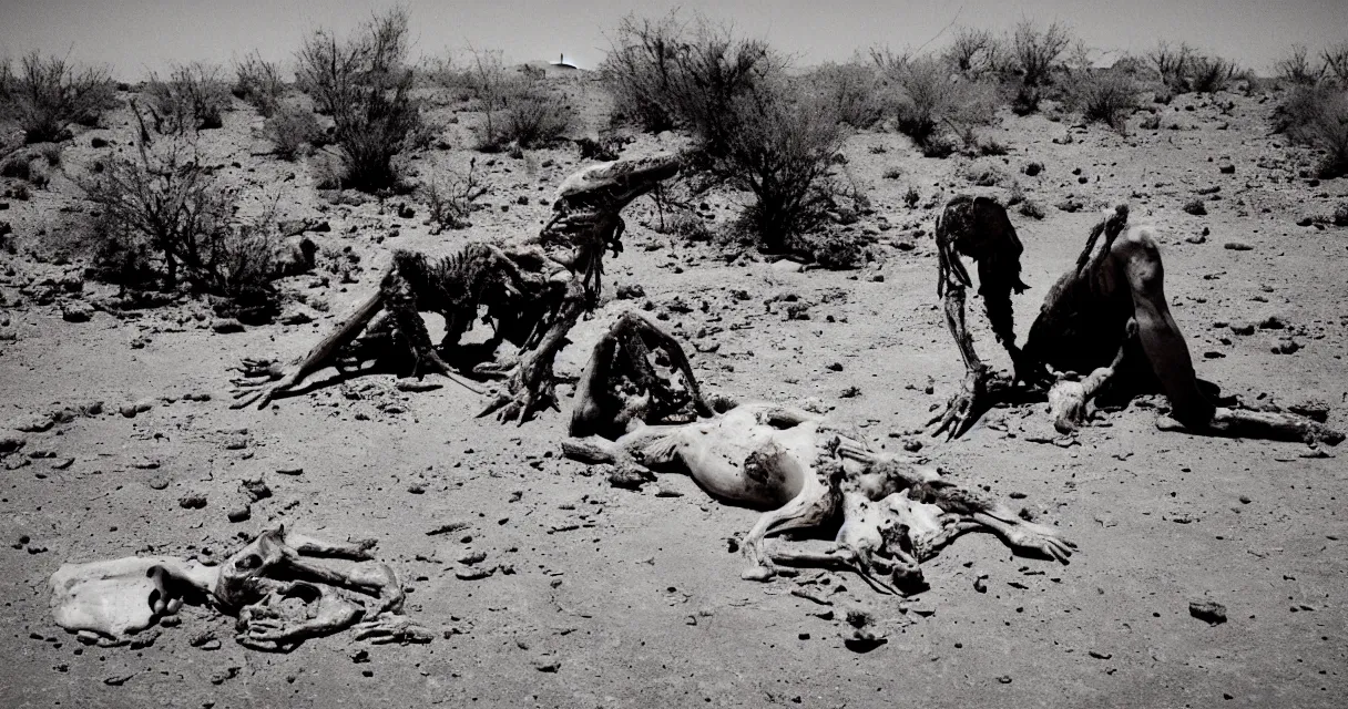 Prompt: in the desert a bloody gross horrifying The Thing creature made of muscle and bone and blood stares at the camera, eating, there is a pool of blood on the ground, mid day, 35mm photography, realistic,