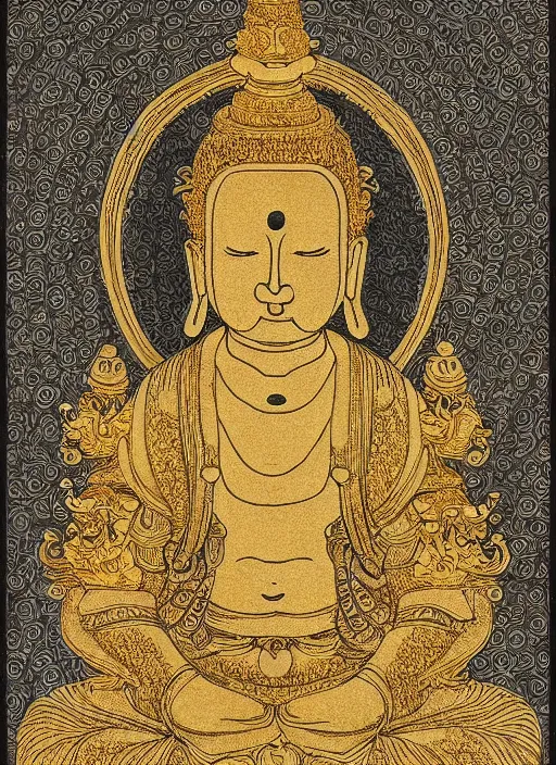 Image similar to detailed pen illustration of an anthropomorphic asian black bears head on Buddhist bodhisattva body, seated in royal ease, 0.1 black micron pen, gilded gold halo behind head, highly detailed, fine pen work, religious iconography, white background