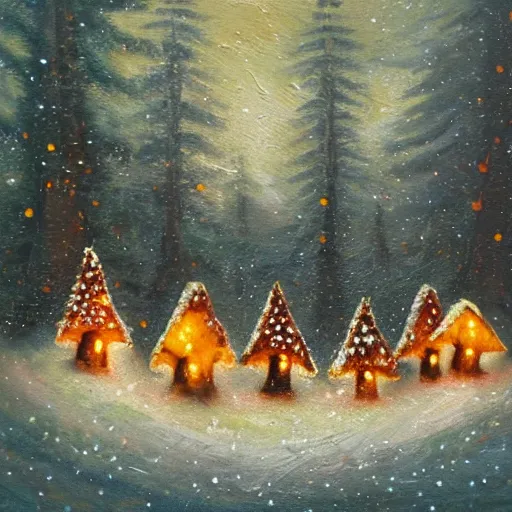 Prompt: miniature mushroom fairy houses in snowy forest at twilight, with fairy lights. Oil painting