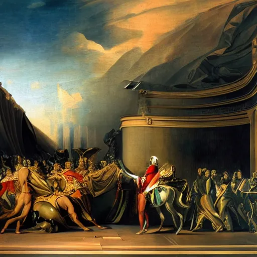 Image similar to sci-fi car dynamic organic forms and wall structure in the coronation of napoleon painting by Jacques-Louis David ceramic metal material shiny gloss water reflections search pinterest keyshot product render 4k