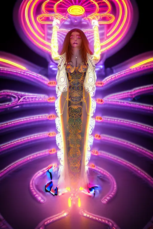 Image similar to symmetrical feminine solarpunk cyborg goddess rendered in Cinema 4D, elegant and ornate futuristic silk robes, held aloft by thousands of glowing neon wires, glowing white neon eyes, platinum and golden flowing long hair, art by Artgerm and Alphonse Mucha, hyperrealism, full body photogenic shot, digital render, cinematic lighting ornate earrings, 8k resolution, masterpiece work