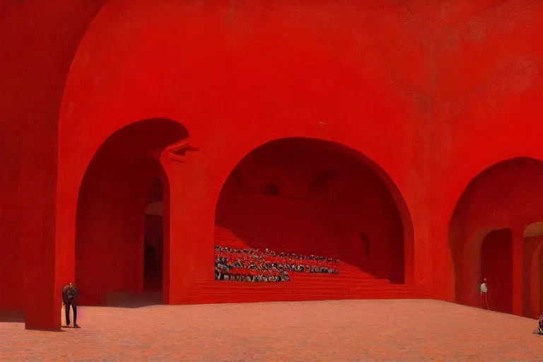 Image similar to only with red, a red great emperor, taormina amphitheatre, expressive crowd with big smile, in the style of beksinski, parts by edward hopper, parts by rodcenko, parts by yue minjun, intricate and epic composition, red by caravaggio, insanely quality, highly detailed, masterpiece, red light, artstation, 4 k