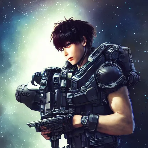 Image similar to award winning, extremely photorealistic, bokeh, beautiful detail, stars in the sky, cybernetic, sci-fi space game art, jeon Jungkook holding a gun. alien planet art by Akihito Yoshitomi AND Yoji Shinkawa AND Greg Rutkowski, Mark Arian trending on artstation