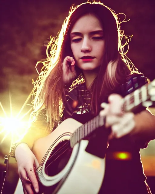 Image similar to beautiful photograph hd detailed cinematic acoustic guitar girl portrait in alex ross technoir kubrick leica zeiss depth of field lens flare style trending on flickr