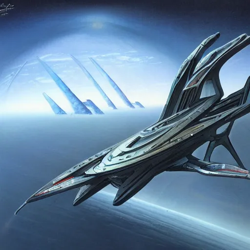 Prompt: a spaceship in a scenic environment by jim burns