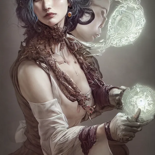 Image similar to the portrait of the lawful evil sorceress lawyer as an absurdly beautiful, graceful, elegant, sophisticated, woman, an ultrafine hyperdetailed illustration by kim jung gi, irakli nadar, intricate linework, bright colors, octopath traveler, final fantasy, unreal engine 5 highly rendered, global illumination, radiant light, detailed and intricate environment