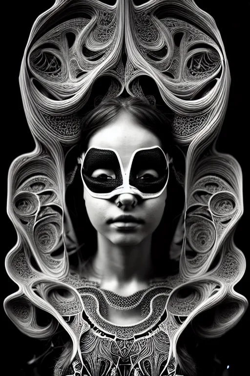 Prompt: portrait of a young beautiful woman with a mask. speed painting, fractal, mandelbulb. black and white, black on black. intricate, elegant, super highly detailed, professional digital painting, smooth, extreme illustration, Unreal Engine 5, Photorealism, HD quality, 8k resolution, 3D, beautiful, cinematic, art. art deco, art nouveau.