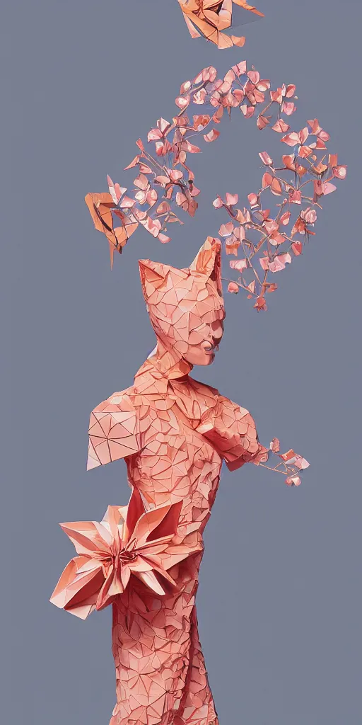 Image similar to portrait of a beautiful ceramic female tiger model wearing sakura and peach ( ( origami themed paper flower ) ) and metallic shapes haute couture by issey miyake