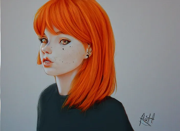 Prompt: portrait Girl with orange hair and freckles, cute-fine-face, pretty face, realistic shaded Perfect face, fine details. realistic shaded lighting by Loish