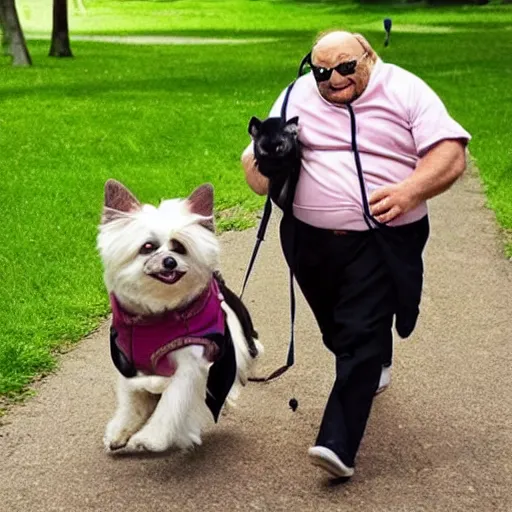 Image similar to a dog that looks like danny devito going for a walk in the park with its owner