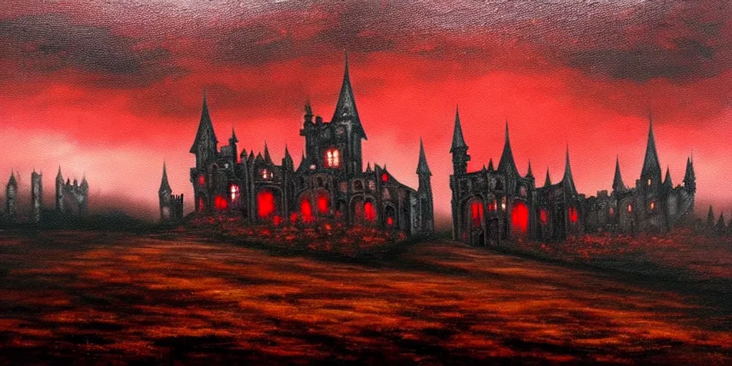 Image similar to a beautiful and gothic castle in the distance. Red sky. Dark ambient. Gothicpunk. Detailed oil on canvas. Art in style of Frances Ann Hopkins. High definition