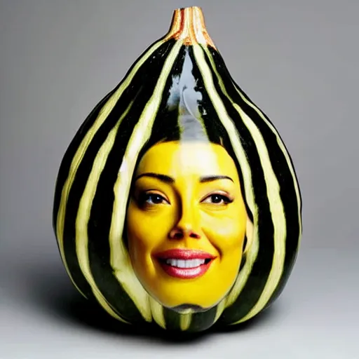 Image similar to gourd with face of amber heard hybrid intercross mix as a gourd