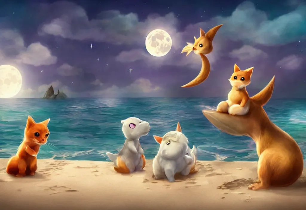 Image similar to cute magical fantasy animals at a beach looking at the moon, ultra realistic, concept art, highly detailed