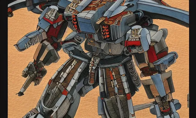 Prompt: samurai mech with sword in the style of Sasai Ukon Masanao, classical japanese art, feudal japan, sci-fi illustrations, mechwarrior, battletech, gundam, highly detailed, intricate, award-winning, mecha, japanese, gritty, beautiful colors, ink and watercolor