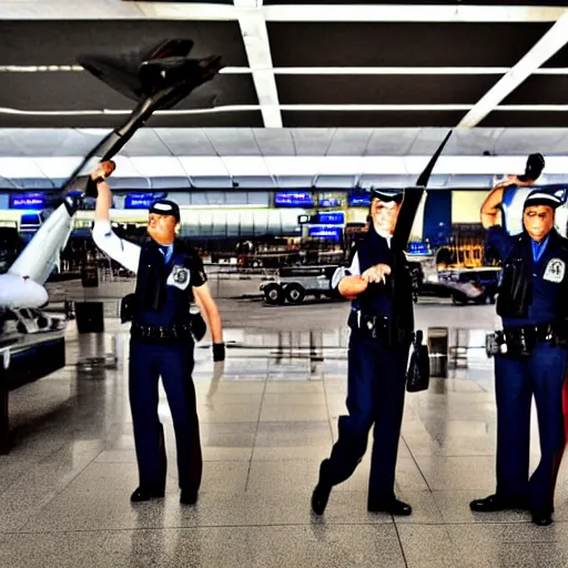 Prompt: airport custom officers pointing their weapons at spices!!!!!! from a passenger, satire, dramatic, hyperdetailed, cinematic lighting