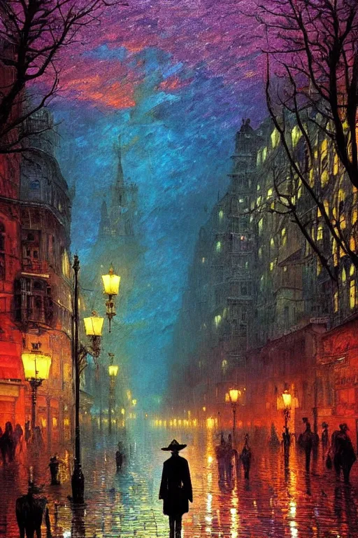 Prompt: the king in disguise, walking through the crowded streets of the city of blood and prisms, night skies, dramatic light, hyperrealistic, colorful skies, digital art, vray, john atkinson grimshaw, ivan aivazovsky, leonid afremov