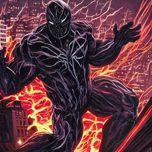 Image similar to carnage symbiote destroying new york city on a dark and gloomy night