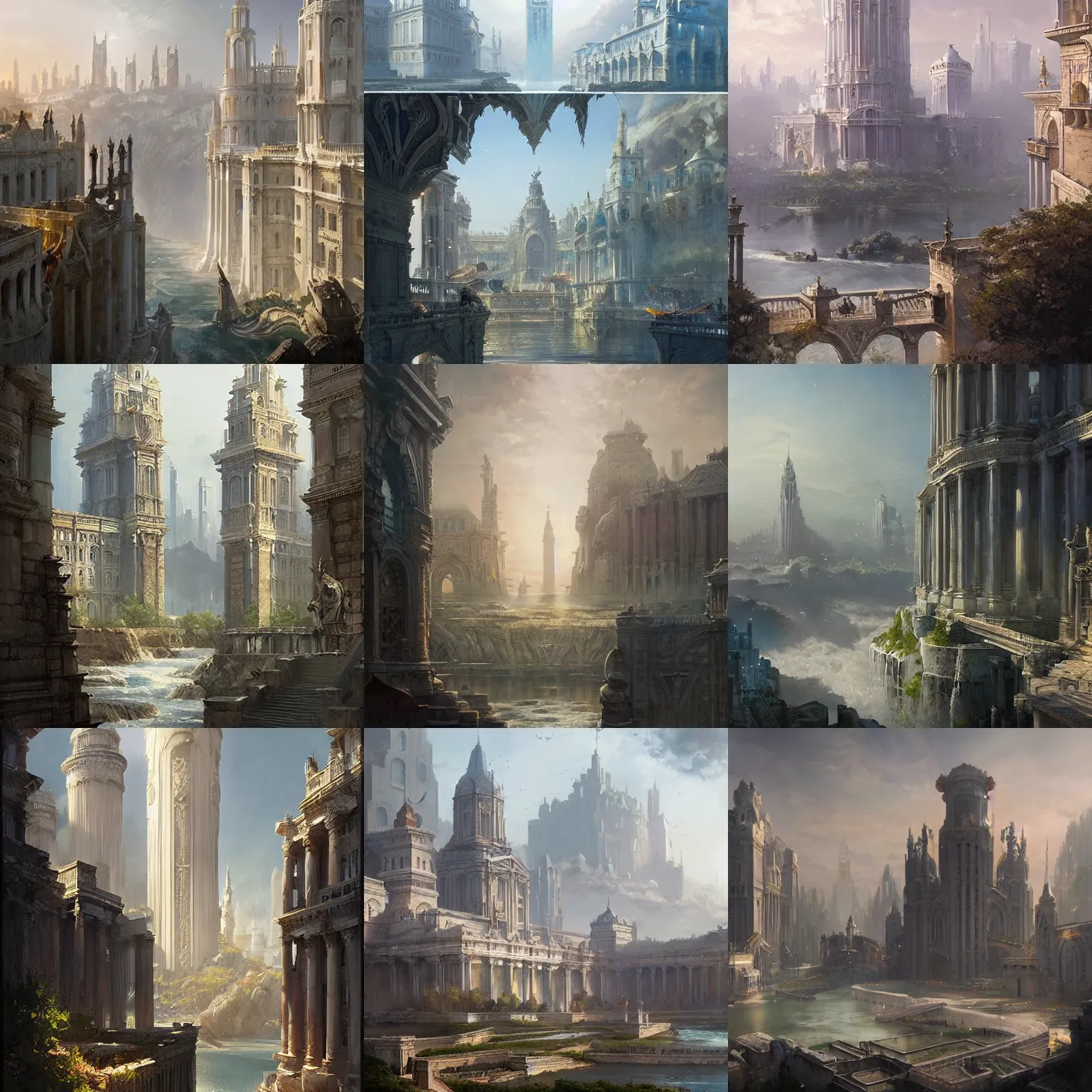 Prompt: capital city of a fantasy kingdom with a river running through it and tall marble buildings with fantasy roman architecture, by Greg Rutkowski