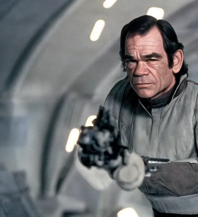 Prompt: tommy lee jones in star wars, movie still frame, hd, remastered, movie grain, cinematic lighting