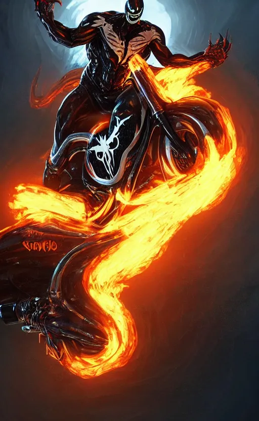 Image similar to venom as ghost rider on a motorcycle, dynamic lighting, photorealistic fantasy concept art, trending on art station, stunning visuals, terrifying, creative, cinematic