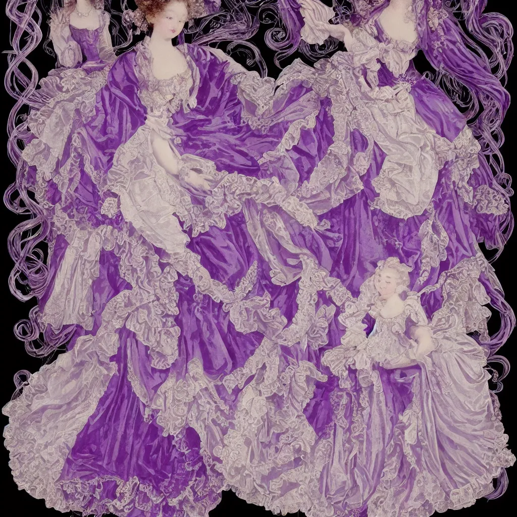 Image similar to purple dress design in the style of rococo,Victorian era,As elegant as a jellyfish,Jewelry twining,dreamy, soft,Backlight ,luminescence,highly detailed,8k