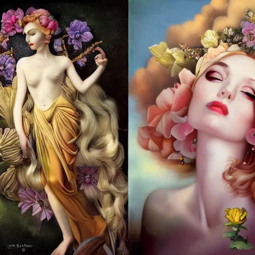 Prompt: dynamic composition, facing forward, blonde woman with hair of spring flowers wearing ornate earrings, ornate gilded details, pastel colors, a surrealist painting by tom bagshaw and jacek yerga and tamara de lempicka and jesse king, wiccan, pre - raphaelite, featured on cgsociety, pop surrealism, surrealist, dramatic lighting