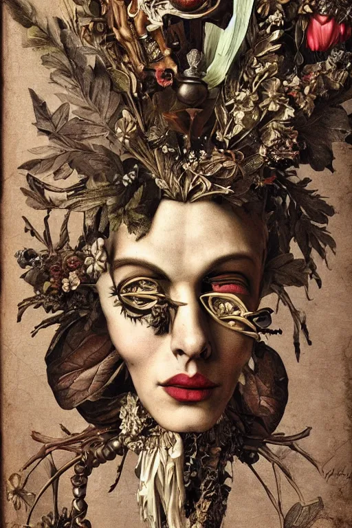 Image similar to Detailed maximalist portrait a greek god with large lips and with large white eyes, exasperated expression, botany bones, HD mixed media, 3D collage, Grimm fury takes character, highly detailed and intricate, surreal illustration in the style of Caravaggio, dark art, baroque