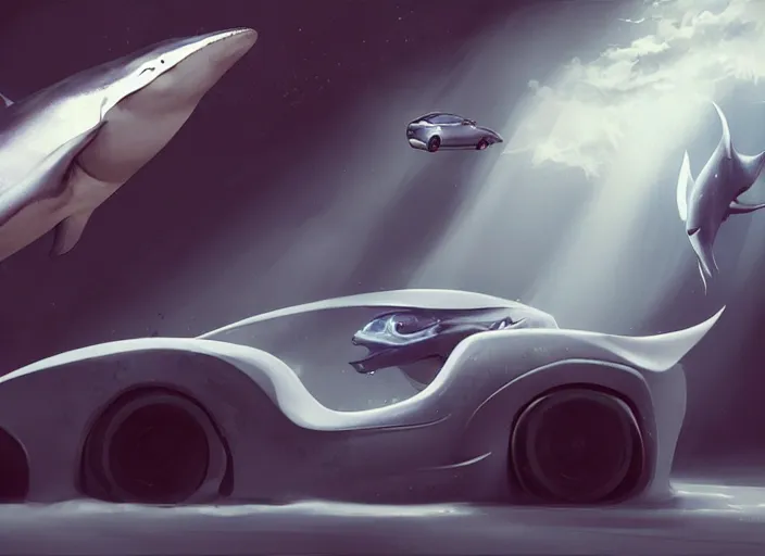 Image similar to beautiful concept design of a car that looks almost like a fish, a shark or a whale. car design by cory loftis, fenghua zhong, ryohei hase, ismail inceoglu, ruan jia, henrik fisker, bruce kaiser, scott robertson, dmitry mazurkevich, doruk erdem, and jon sibal. volumetric light