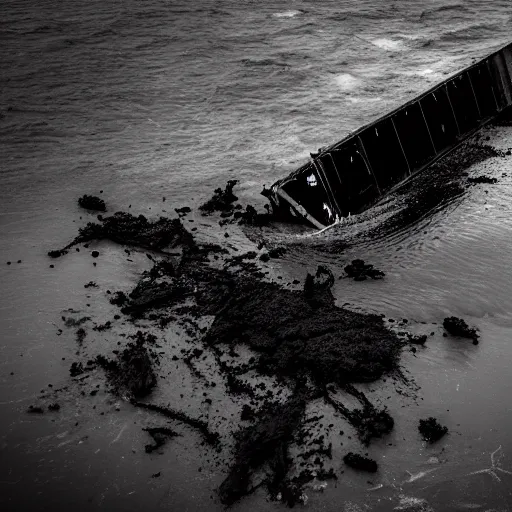 Image similar to crashed cargo ship leaking mysterious black gooey liquid, mysterious black slime, black gooey liquid leaking out of crashed cargo ship, apocalyptic, ruined, container ship, crashed, 8 5 mm f / 1. 4