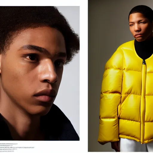 Image similar to realistic photoshooting for a new balenciaga lookbook color film photography close up portrait of a beautiful woman model, model wears a puffer jacket, photo in style of tyler mitchell, ssense