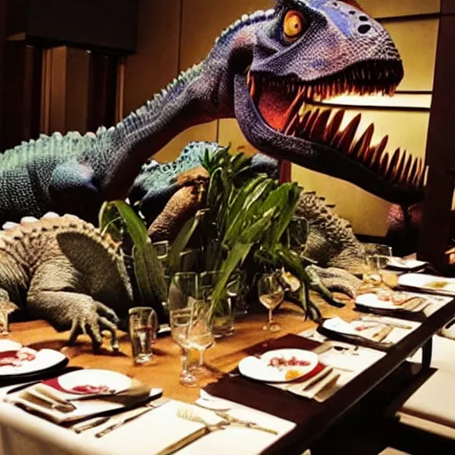 Prompt: dinosaurs dinning at a fancy restaurant