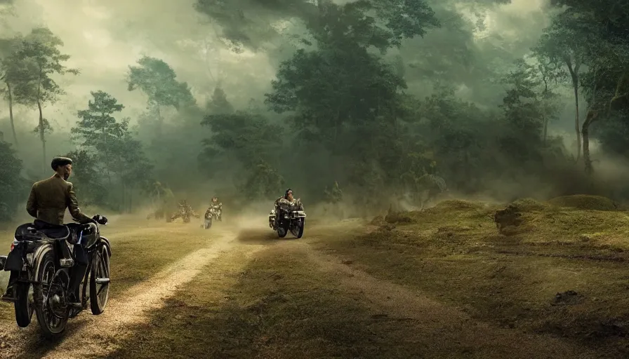 Prompt: a british officer driving a motorcycle alone in 1921 in kerala forest road, local people chasing to attack, furious action scene, chase, an epic fantasy, dramatic lighting, cinematic, establishing shot, extremely high detail, photorealistic, cinematic lighting, artstation, by christopher nolan, horizon forbidden west