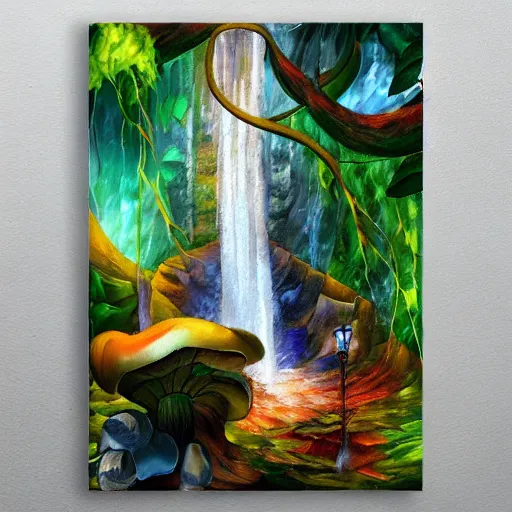 Prompt: overgrowth waterfall mushroom rich 8 k geometric by antoni gaudi, android jones, leonid afremov