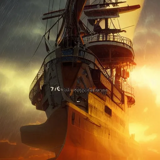 Image similar to portrait of a ship on the sea, close over the shoulder on the ship is a medieval woman ship pilot from behind , dramatic golden neon sunset with wall of storm clouds, wearing shiny breastplate, octane render, dynamic lighting, hyperrealistic, artstation