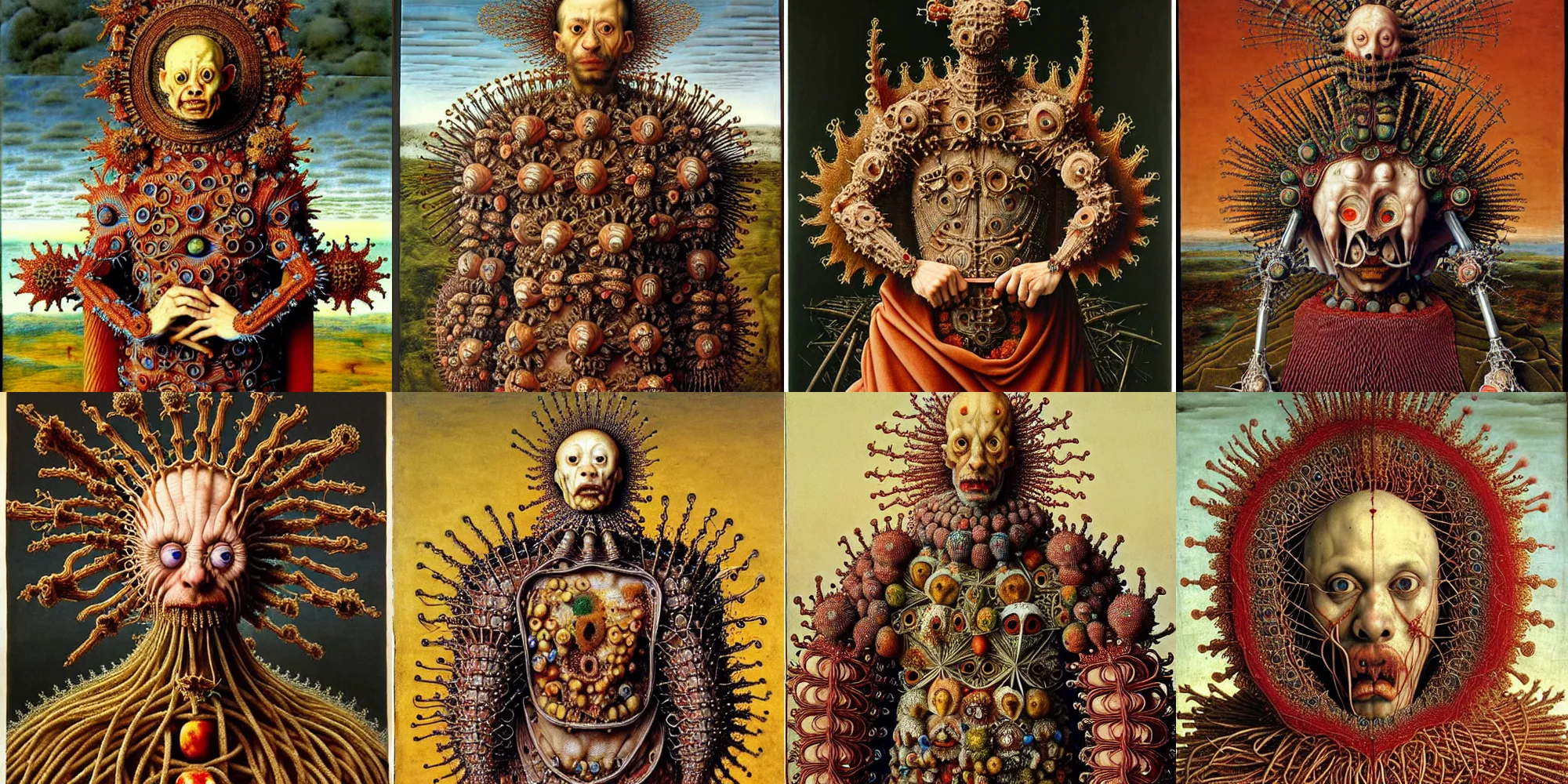 Prompt: full body image of a catholic priest wearing clothes made of spagetthi, spagetthi fractal armor, highly detailed, by giuseppe arcimboldo and ambrosius benson, renaissance, romanticism, intricate and intense oil paint, a touch of beksinski and takato yamamoto, realistic